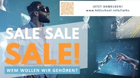 Ein Mann mit Brille für Virtuelle Realität im Hintergrund. Im Vordergund steht "Sale Sale Sale"!