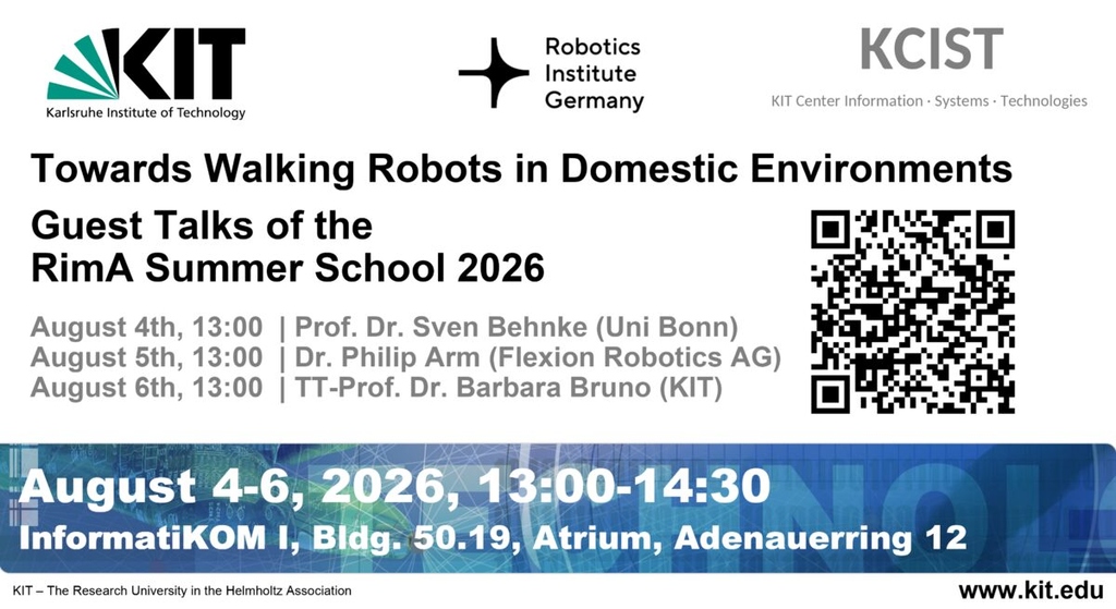 Event flyer for RimA Summer School 2026: Guest talks on walking robots in domestic environments.